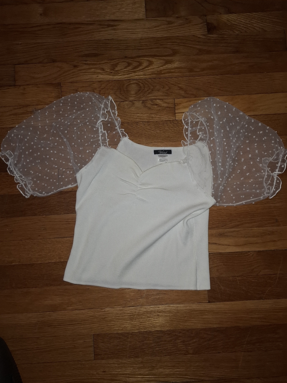White Sheer Puff-Sleeve Camisole Crop Top Kawaii